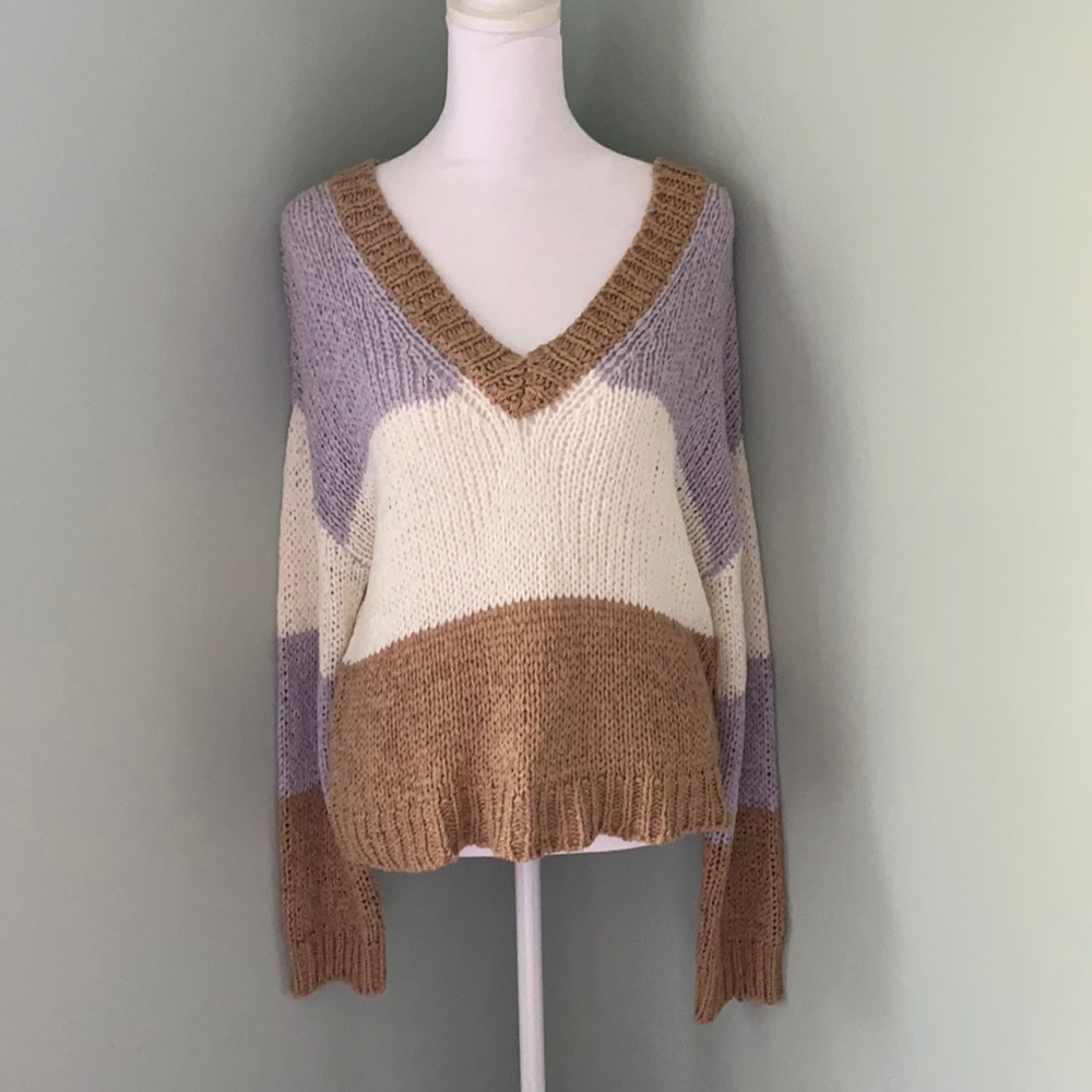Wild Honey Lavender cream tan v neck striped sweater